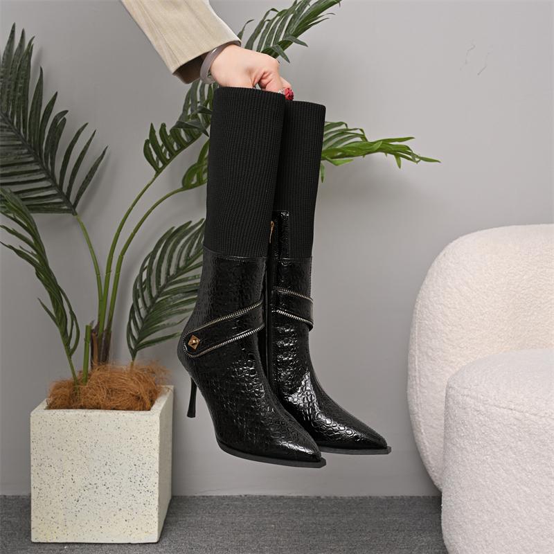 Fashion Women's Stiletto Cotton Boots Winter New Pointed Head Side Zipper Mesh Fabric Stitching Rivets Non-slip High Heels