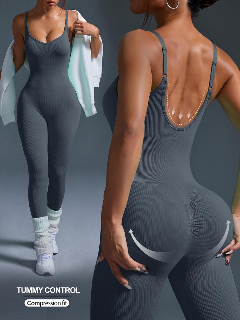 Women's Backless Seamless Ribbed Jumpsuit: Slimming Tank Bodysuit for Yoga