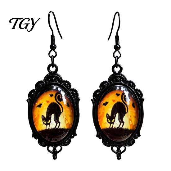 Niche Design Transparent Time Gem Jewelry 1 Pair Halloween Gothic Black Cat Earrings for Women, Vintage Durable Zinc Alloy Retro Dark Punk Style