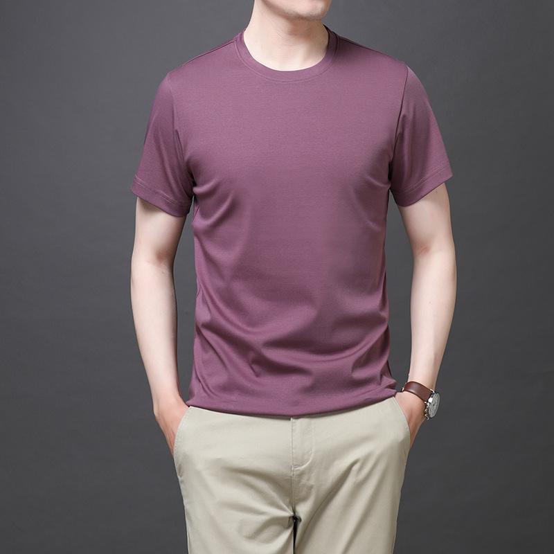Mercerated Cotton Short-sleeved T-shirt Men's Round Neck Summer New Half-sleeved 80-pin Mercerated Cotton Loose Solid Color Top