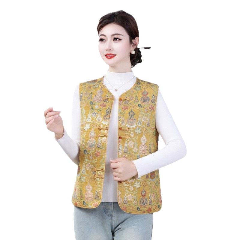 Damen Retro Chinesischer Stil Froschknopf Rundhals Weste – Frühling/Herbst Kürbis Jacquard Design