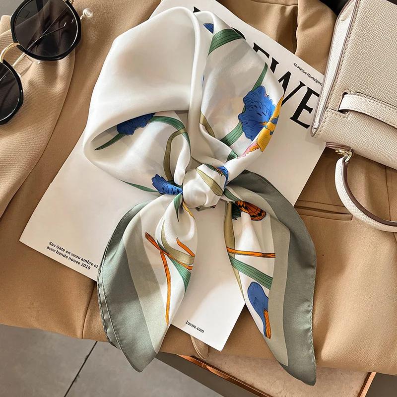 New Floral Print Shawl Design Silk Square Scarf Women Female Wrap Headkerchief Hijab Beach Stoles Hair Band Echarpe Bandana 2023