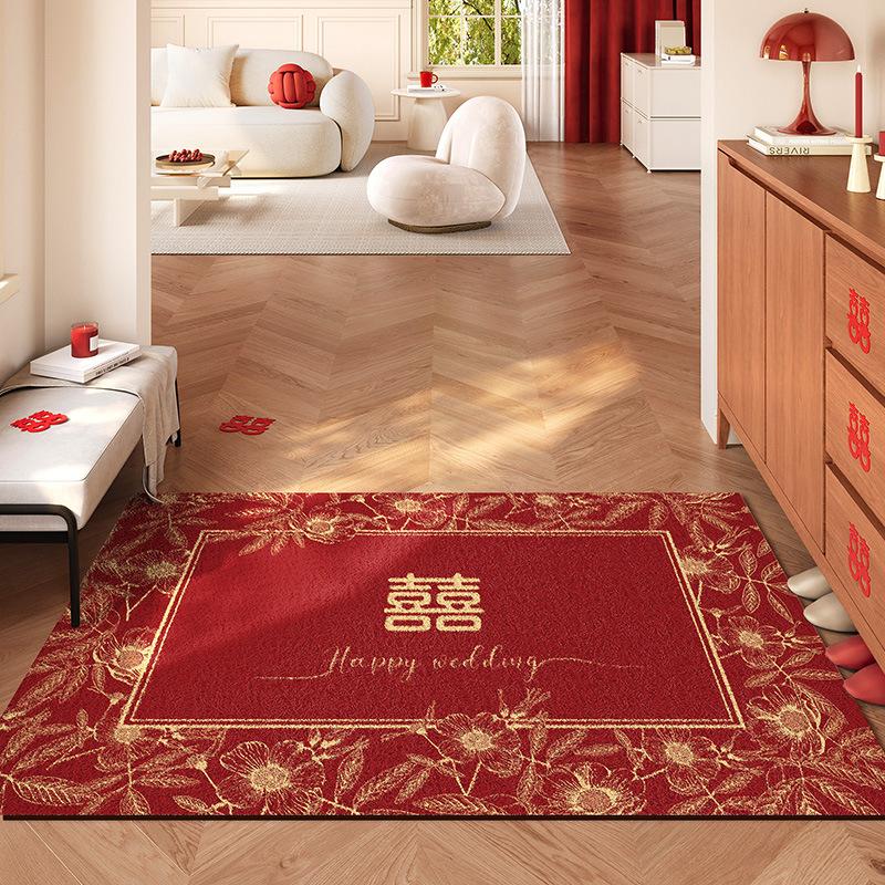 

Wedding Entrance Door Floor Mat Red Festive Wedding Room Arrangement Doormat Entrance Door Silk Ring Foot Pad Non-Slip Can Be Cut 50*80cm