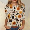 Women's Casual 3/4 Sleeve Halloween Print Round Neck Top Lightweight Comfortable Fit Seasonal Graphic Shirt