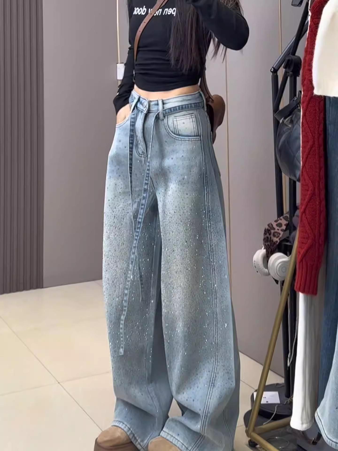 

Plus Size Retro Star Rhinestone Denim Wide-Leg Pants for Women 4XL