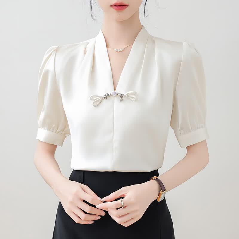 La Chapelle Women s New Chinese Style Satin V-neck Blouse L