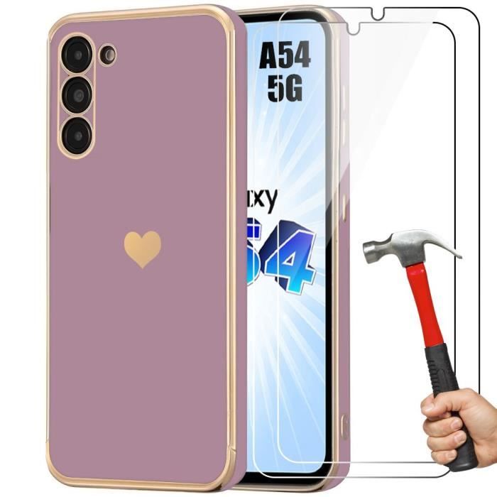 Coque + Verres Trempés - Booling - pour Samsung Galaxy A54 5G - Antichoc - Violet - Motif Cœur Doré