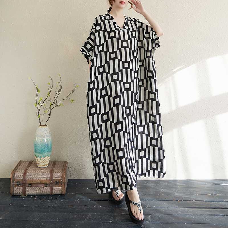 Sommarfärg Rese V-ringad Retro Lång Kjol Bomull Linne Klänning