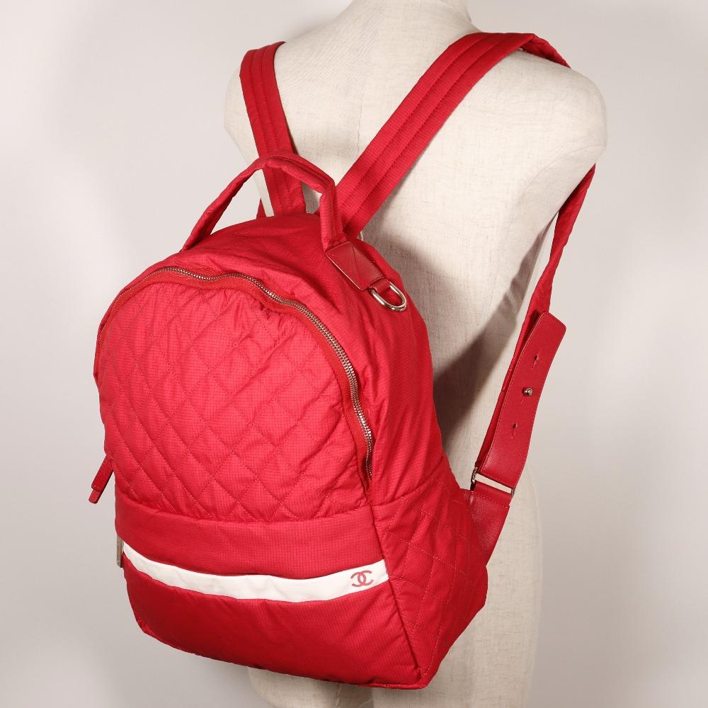 CHANEL COCO Mark Backpack Daypack Matelasse Red Nylon Women Used