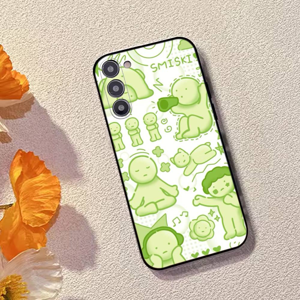 Cute S-Smiski Green Guy Phone Case For Samsung Galaxy A73,A72,A71,A70,A53,A52,A51,Soft Silicone Black Cover