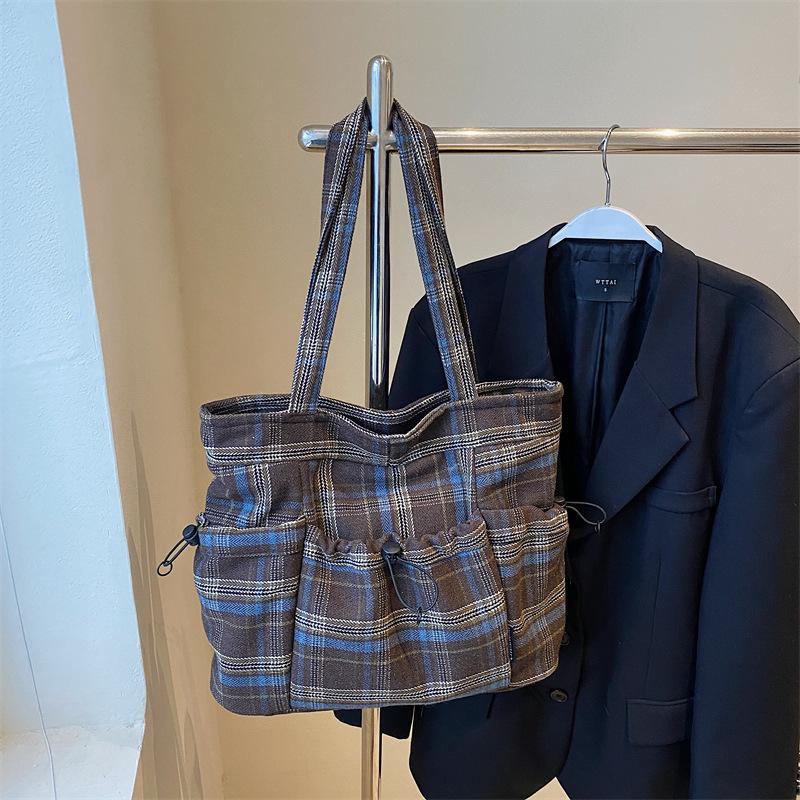 Woolen Plaid Large Bag Women'S Fashion Large Capacity Shoulder Bag Leisure Student Commuter Tote Bag