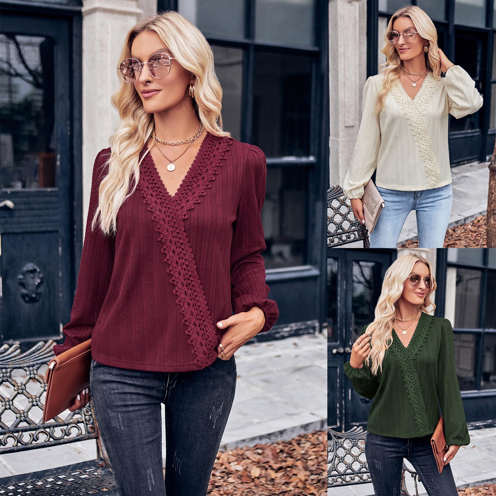 

Повседневная женская осенне-зимняя одежда, искусственный свитер с v-образным вырезом, рубашка с кружевным воротником, рубашка в полоску с длинными рукавами