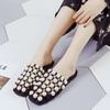 Fashion Women Fashion Casual Pearl Beaded Flat Studded  Mules Solid Color Pearl Sandals Casual Flat-heel Non-slip Flip Flops Lightweight