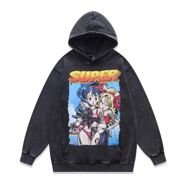 Japanese Animation Printed Hoodie Retro Washed Old Loose Heavy Hooded Sweater Jacket Men And Women