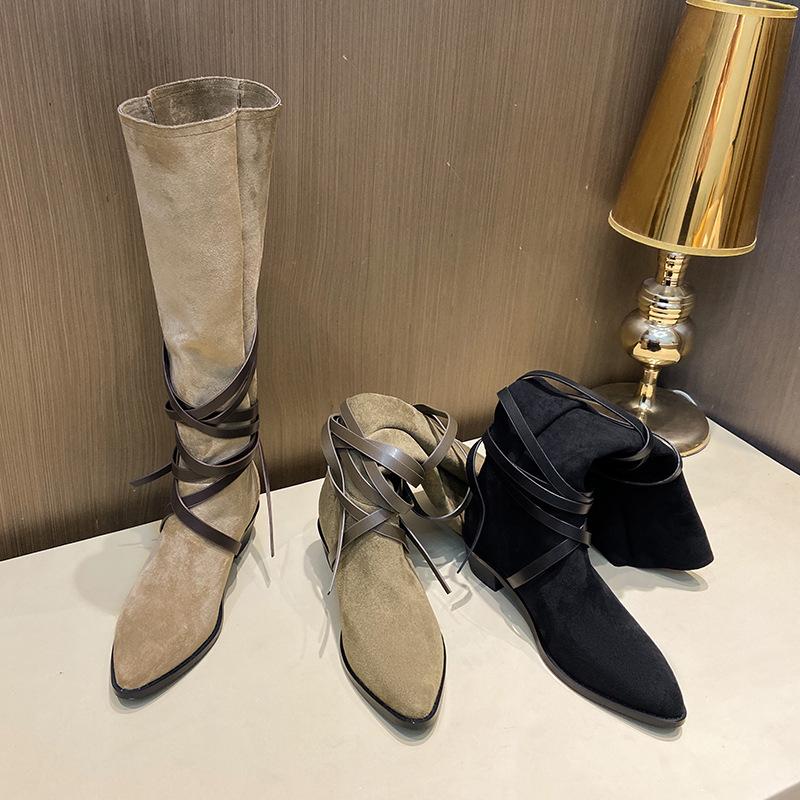 Fashion Fashion Slim Lace-up High Boots Vintage Leisure Shoes Women Suede Booties Autumn Winter Ladies Knee High Boots Shoes High Heels