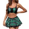 Two Piece Lingerie Set with Plaid Pattern Crop Top and Pleated Mini Skirt with Lace Trim Adjustable Straps and Hook Closure for Women