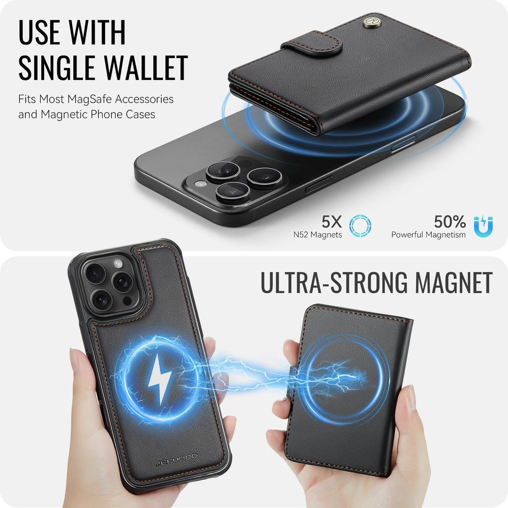 For iPhone 16 Pro Max Case JEEHOOD J09 RFID Blocking Card Holder Leather Back Phone Cover Compatible with MagSafe