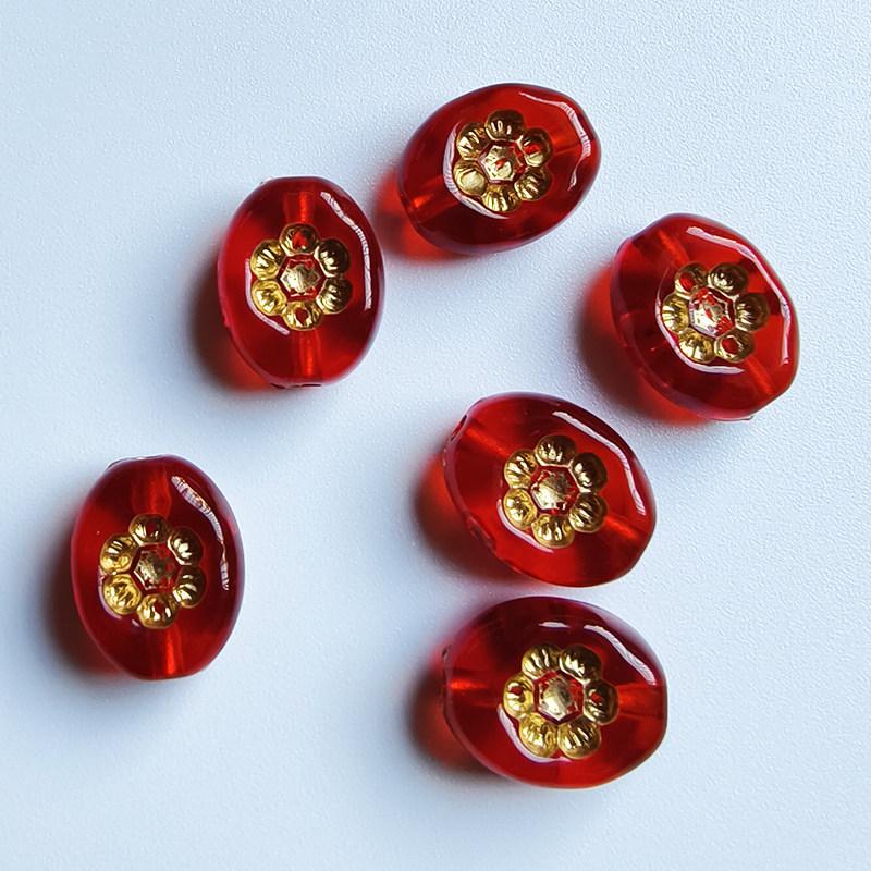 Gold-Plated Acrylic Oval Beads with High-Gloss Plum Blossom Pattern for DIY Jewelry Crafting