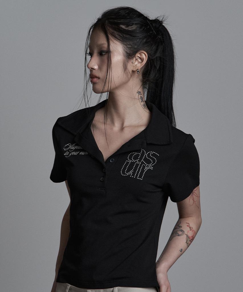 Aejeuyua Basic Hotfix Collared T-Shirt Black