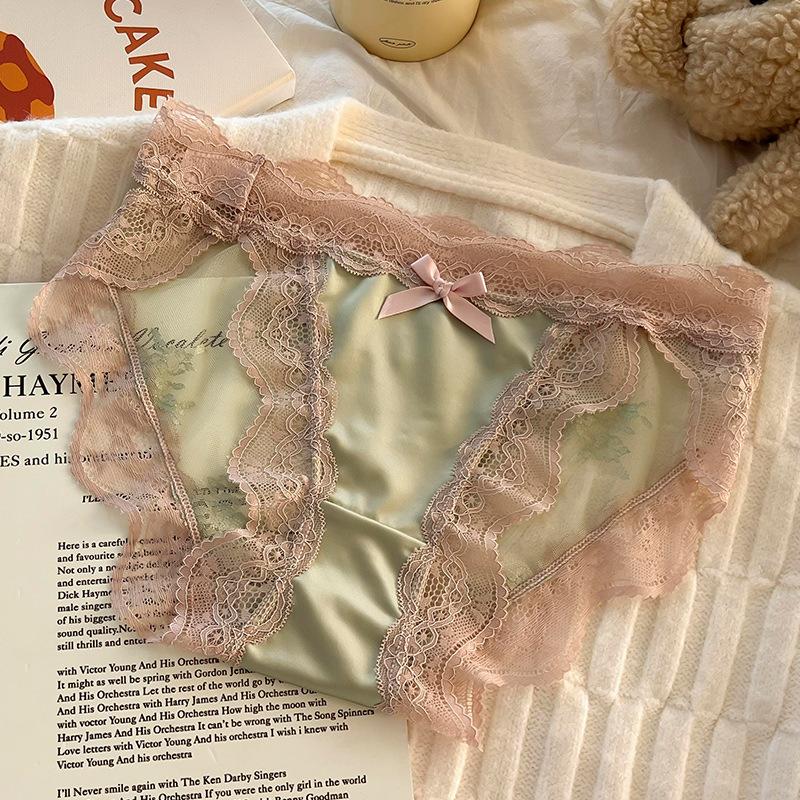 Female Summer Thin Sexy Lace Bow Pure Desire Satin Breathable High Split Low Waist Triangle Briefs