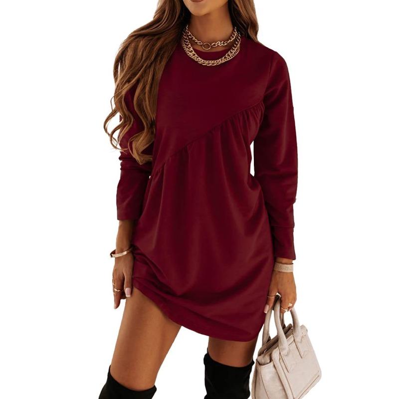 Herbst und Winter Neues Langärmeliges Unregelmäßiges Rundhals Einfarbiges Kleid für Damen
