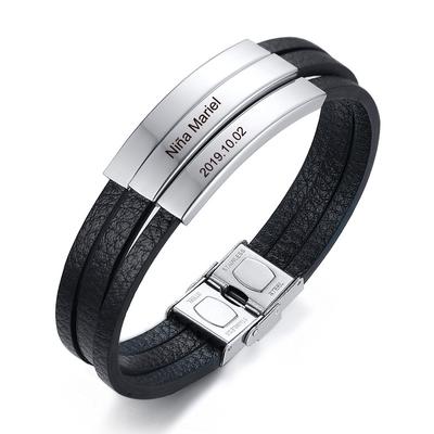 Personalized Mens Black Leather Bracelets ID Tag Customized for Men Women Dad Bracelets Wristband
