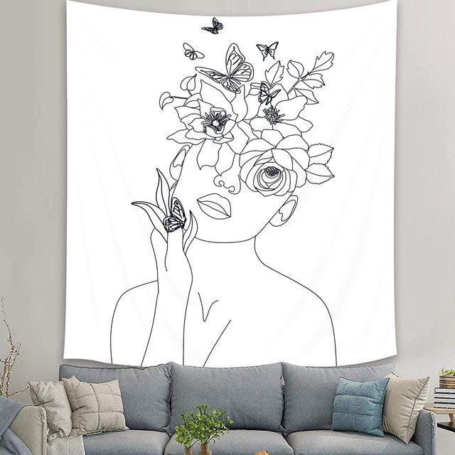 Abstract Woman Tapestry Aesthetic Boho Home Decor Butterfly Fabric Wall Hanging Modern Flower Plant Bedroom Office Decoration