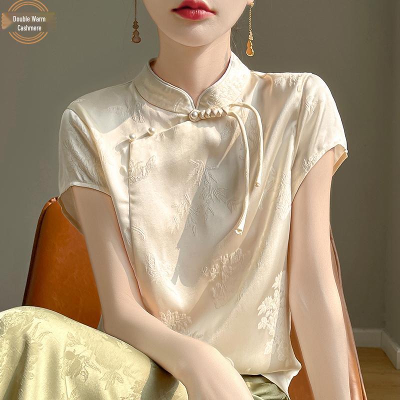 Women's 2025 Spring/Summer Chinese Faux Silk Jacquard Shirt - National Trend Tang Suit with Stand Collar and Diagonal Placket
