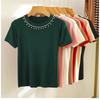 Women's Summer Short Sleeve Knitted T-shirt New Fashion O Neck Beaded Knit Elegant Short Top Female Casual Simple Solid Color Ladies Tshirt 3112
