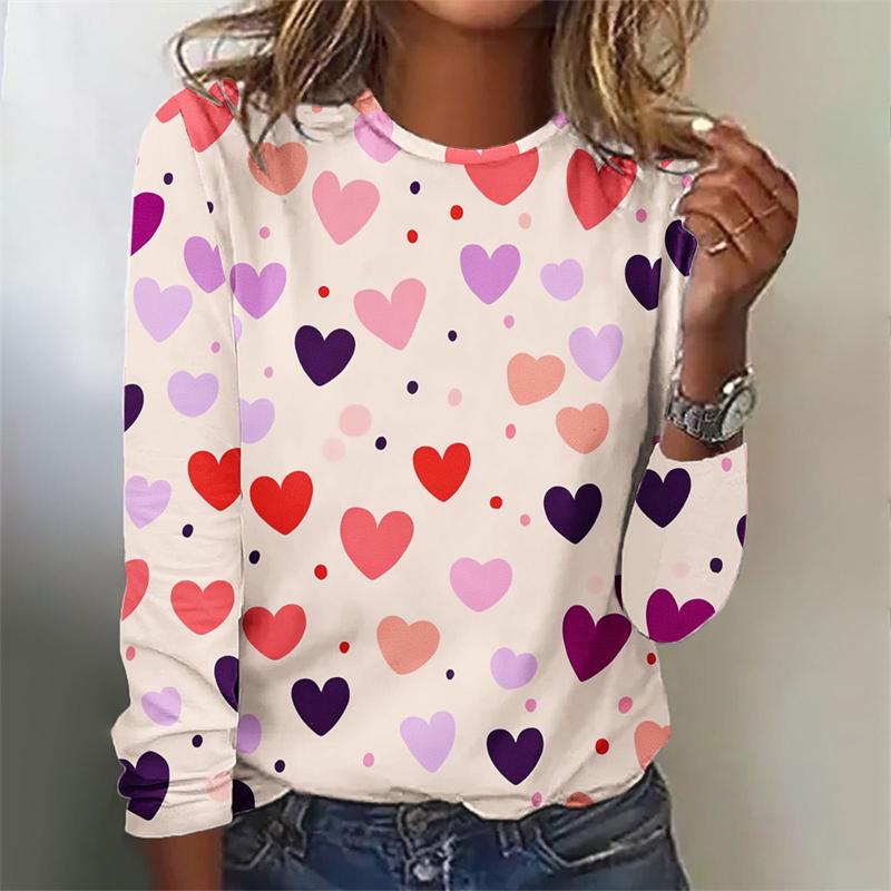 

Spring and Autumn Round Neck 3D Love Heart Graphic Printed Top Fashionable Elegant Casual Long Sleeved Women s T-shirts 5XL