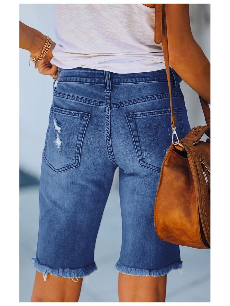 European Summer Tassel Ripped Skinny Cropped Jeans - Women's Mid-Waist Fashion