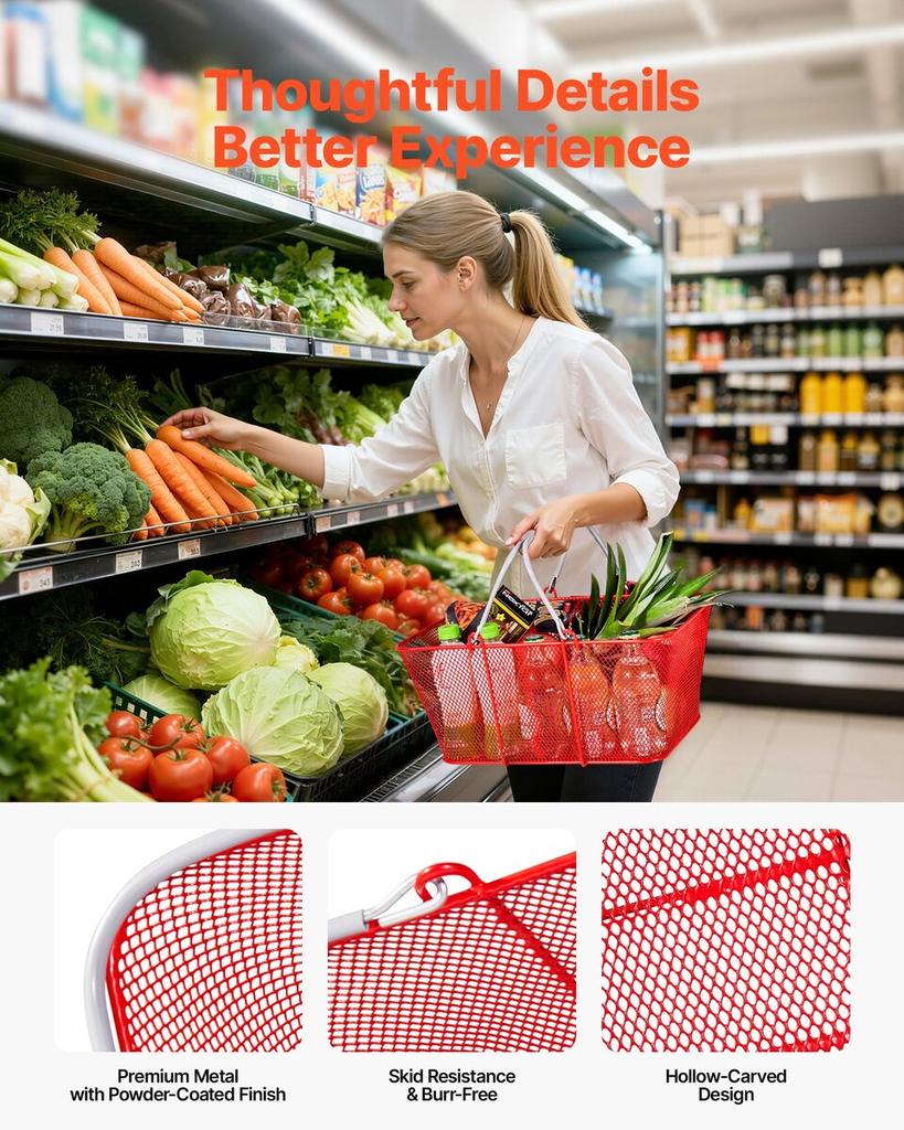 Shopping Baskets, 12 PCS, 22L Stackable Metal Grocery Baskets with Handles, Dense Mesh Structure, Holds up to 20 kg, Portable for Grocery, Retail,