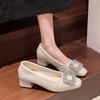 Block Heel Single Shoes Women's Square Toe Suede Crystal Buckle Anti-slip Wear-resistant Kitten Heels