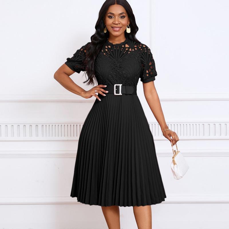 Women's New Short-sleeved Lace Splicing Pleated African Dress Dress Dress