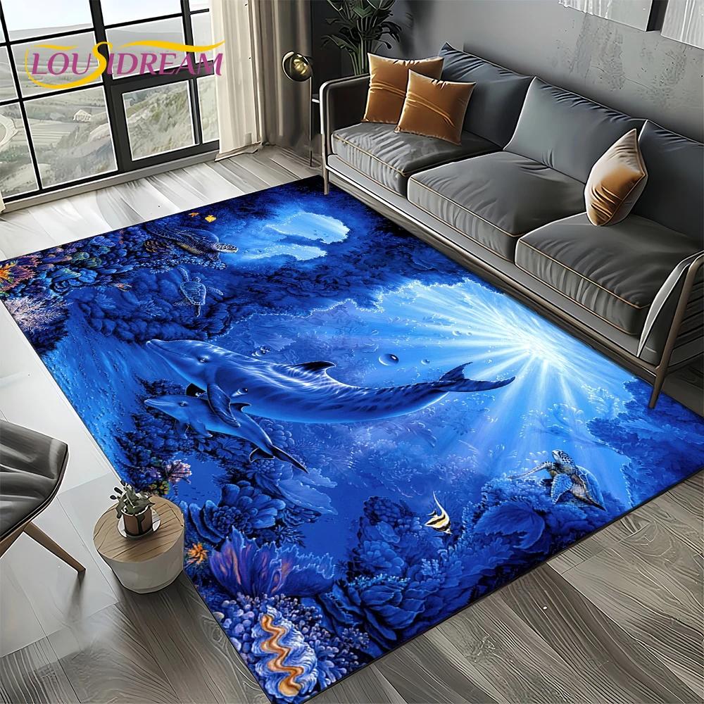 Underwater World 3D Illusion Seabed Cartoon Shark Dolphin Carpet Rug for Living Room Bedroom Home Sofa Decoration,Floor Mat Kid