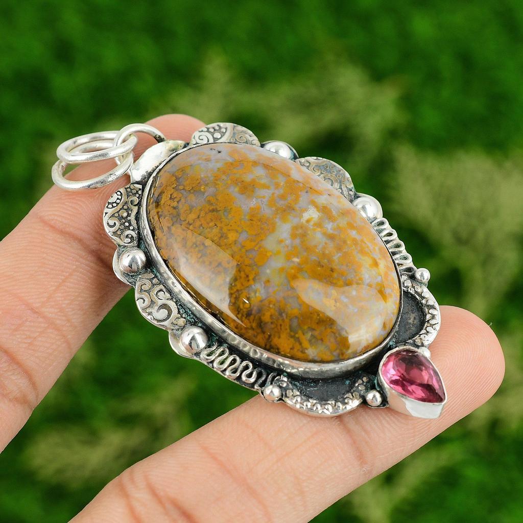 Daughters Day Deal Polka Dot Agate Gemstone Pink Tourmaline Pendant 925 Silver