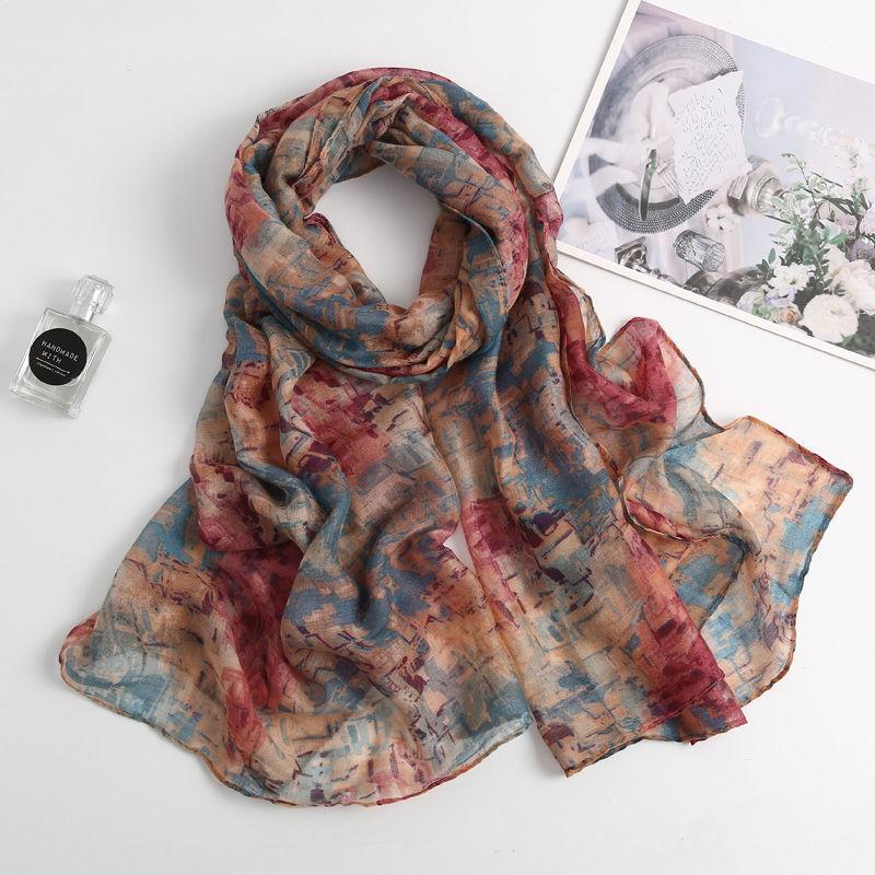 180cm Long Floral Cotton and Linen Scarf for Women, Thin and Soft, Versatile Silk Scarf for All Seasons