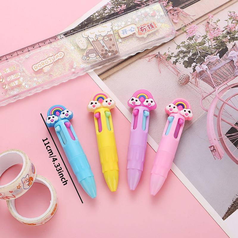 23Pcs Random Cartoon Cute Rainbow Cloud Topper Four-Color Ballpoint Pens, Portable Multifunctional Writing Pens,Office&Student Stationery