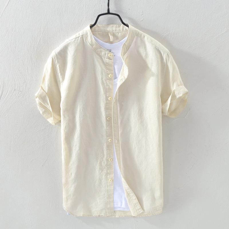 Men's White Stand Collar Short Sleeve Button-Down Shirt