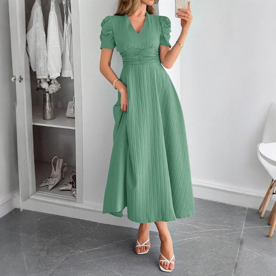 European and American Elegant Vacation Style Puffed-sleeve Cinched-waist Long Dress Women's Wear 2025