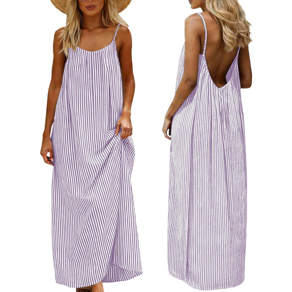 Women's Summer Cotton Linen-like Striped Maxi Dress Sleeveless Spaghetti Strap Backless Loose Casual Beach Sundress for Vacation Daily Wear