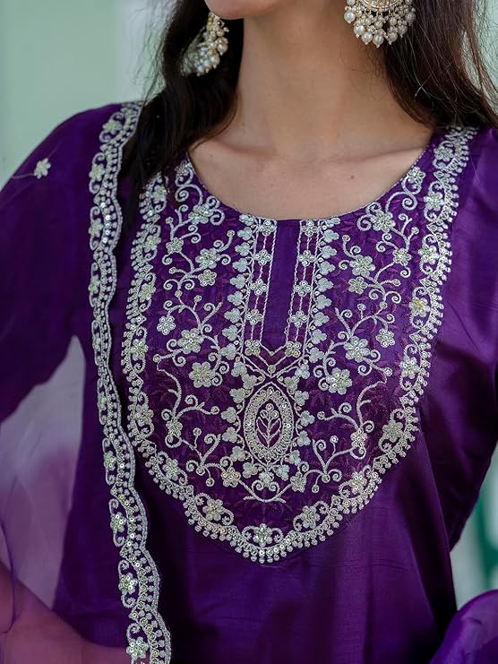 Women's Designer Silk Blend Embroidered Kurta with Pant & Dupatta Set