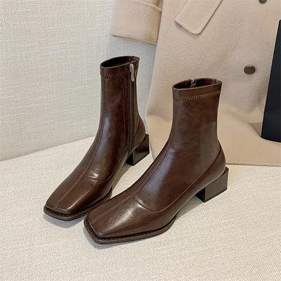 Módne jesenné dámske členkové čižmy so štvorcovou špičkou, elastické, zoštíhľujúce, dámske, stručné, nízky podpätok, krátke, Botas Zapatos De Mujer