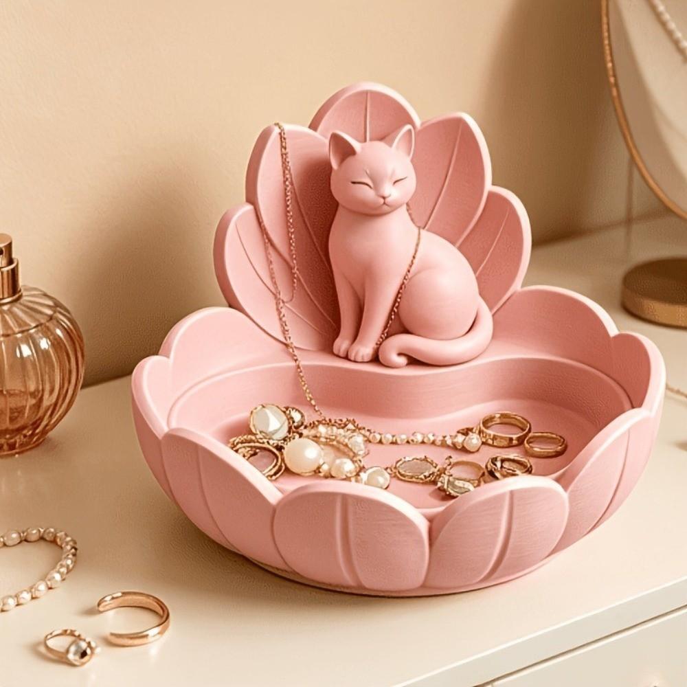 Lotus Shape Trinket Dish Resin Material Desktop Organizer Cat Figurine Holder  Vanity Table Decor