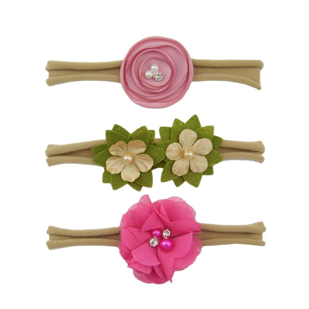 Children'S Nylon Headband Three-Piece Elastic Soft Headband Green Flower Headgear Versatile Head Flower Set