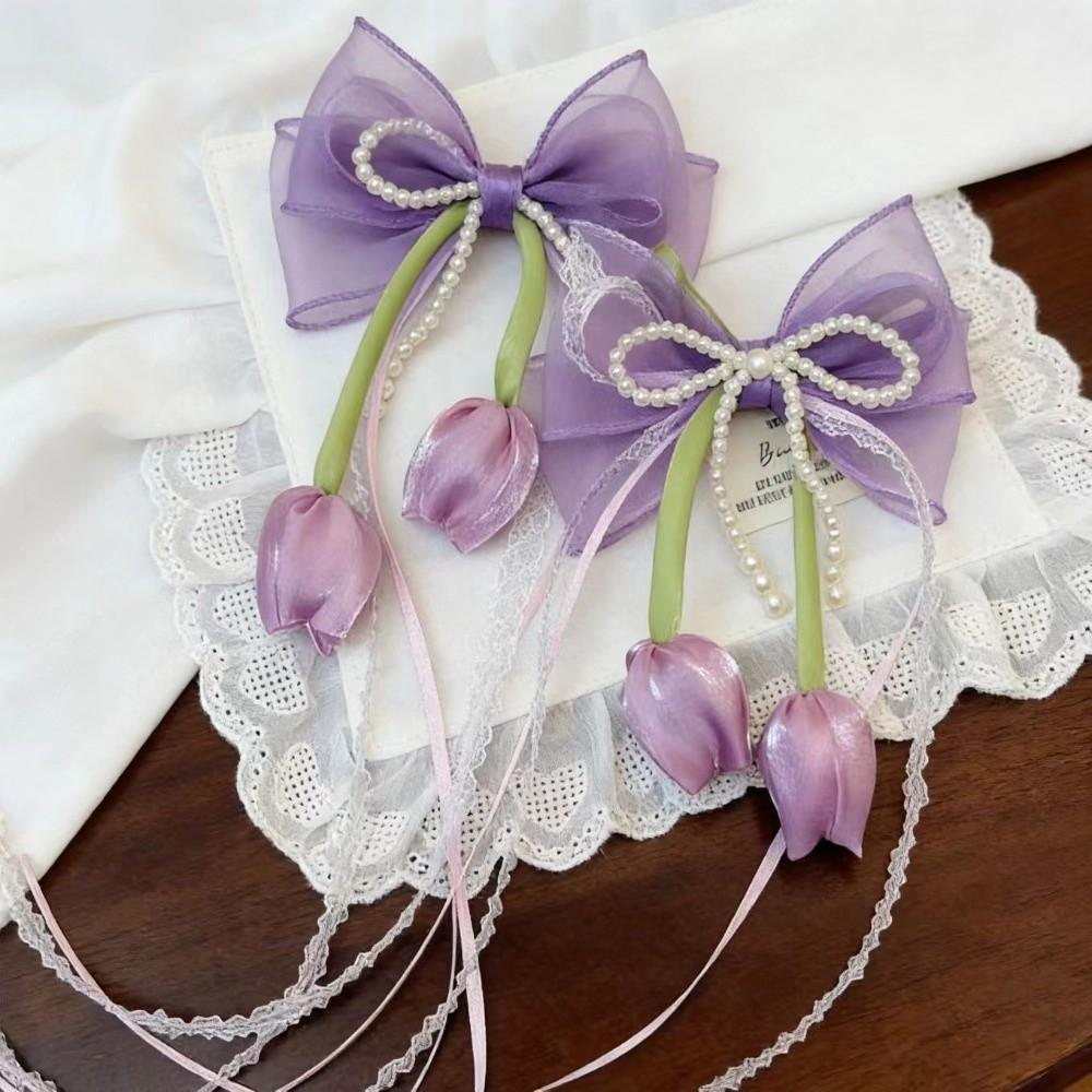 Chiffon Bowknot Chiffon Tulip Hair Clips Floral Pastel Floral Hair Clips Sweet Pearl Flower Bow Hairpin Girl Hair Accessories фиолетовый