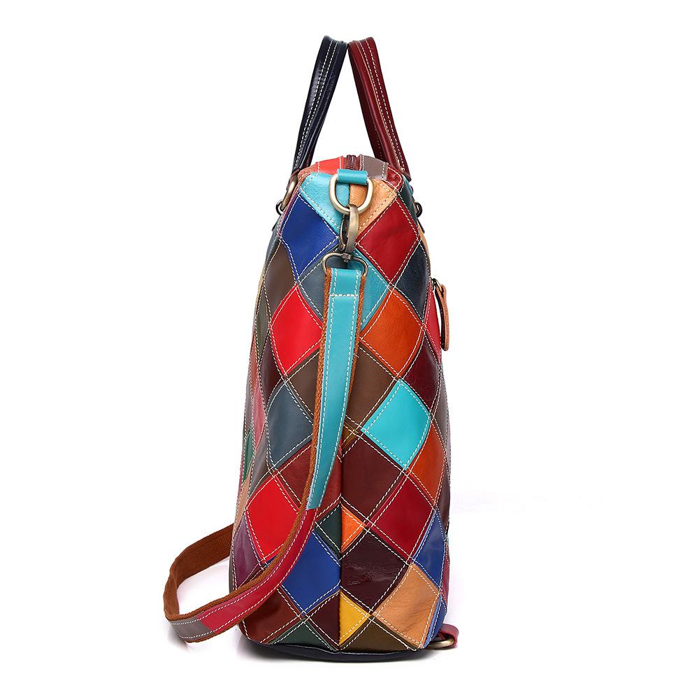 Genuine Leather Women'S Bag First Layer Cowhide Plaid Contrasting Color Retro Oily Leather Handbag Backpack