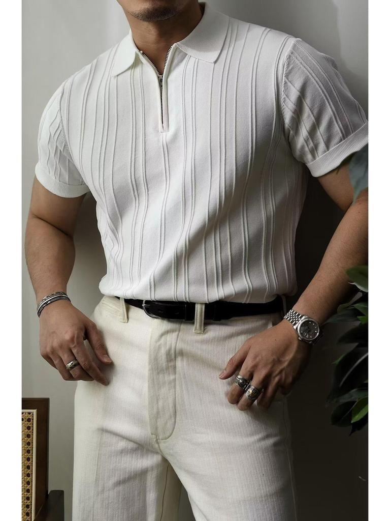 Men's Summer Retro Striped Polo Shirt - Short Sleeve, Loose Fit, Ribbed Collar