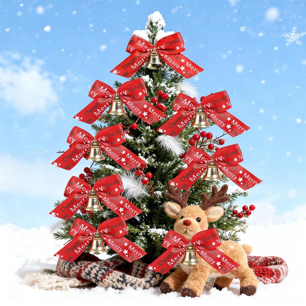 Christmas Tree Bow Pendants 10 Pieces Red Decorations With Bell Christmas Bows Ornament For Holiday New Year Halloween Birthday