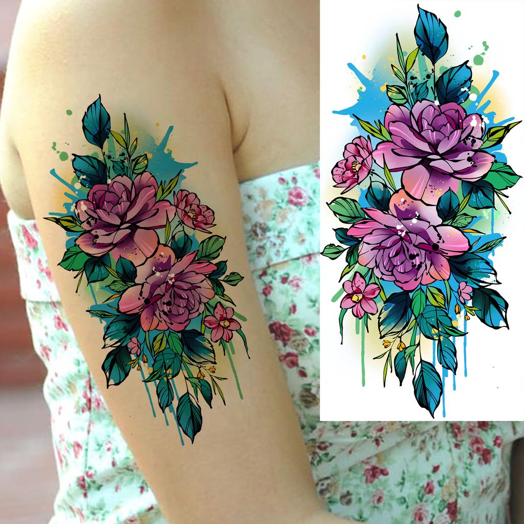 1 Sheet Butterfly Watercolor Flower Tiger Temporary Tattoos For Women Men Adults Fake Phoenix Parrot Lotus Tattoo Sticker Sleeve